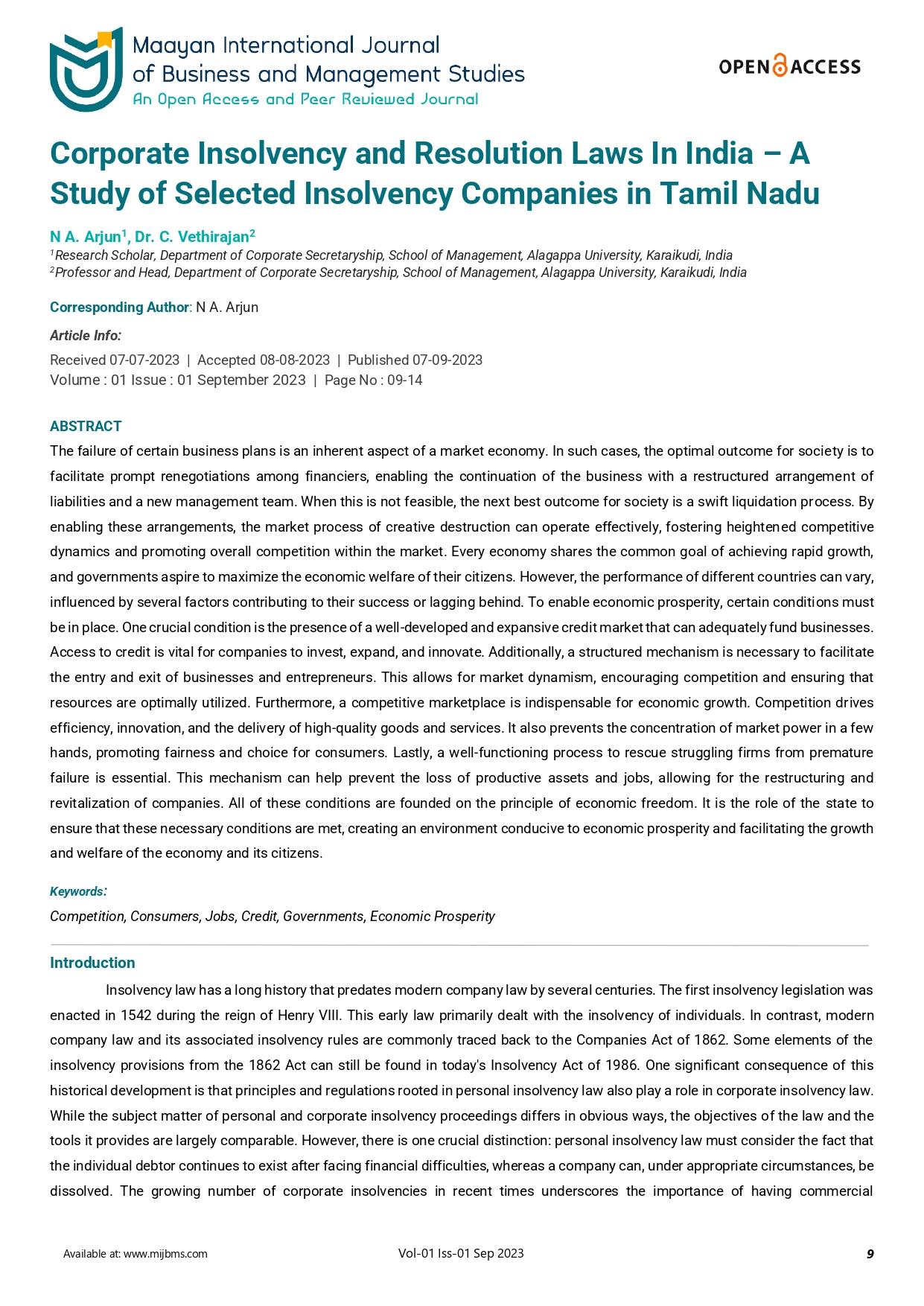 Corporate Insolvency and Resolution Laws In India – A Study of Selected Insolvency Companies in Tamil Nadu