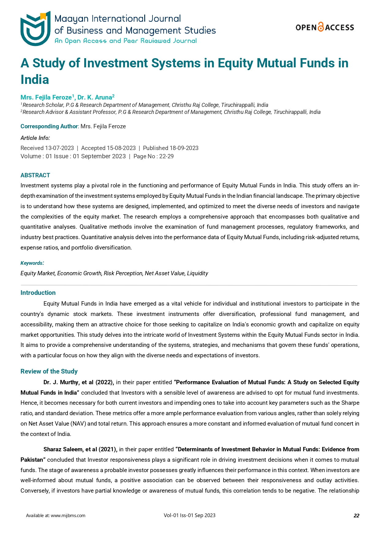 A Study of Investment Systems in Equity Mutual Funds in India